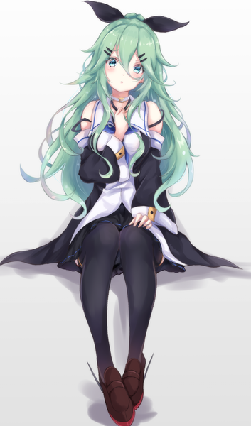 Anime picture 2049x3479 with kantai collection yamakaze (kantai collection) sa-ya2 single long hair tall image looking at viewer blush fringe highres blue eyes simple background hair between eyes white background full body bent knee (knees) head tilt green hair cute girl