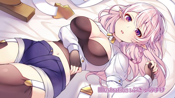 Anime picture 1920x1080 with ore dake haireru kakushi dungeon luna (ore dake haireru kakushi dungeon) ringozaka mariko single long hair looking at viewer fringe highres breasts open mouth light erotic hair between eyes wide image large breasts purple eyes signed pink hair cleavage lying braid (braids)
