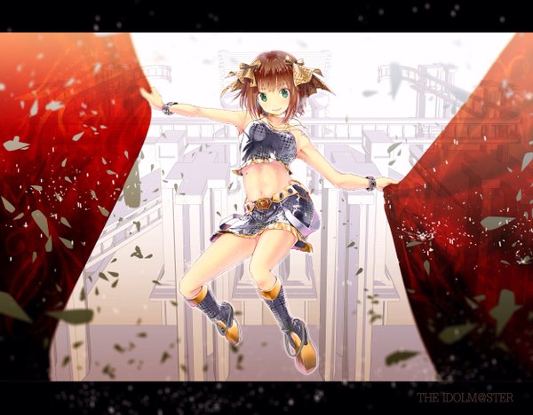 Anime picture 2500x1952 with idolmaster amami haruka yae (mono110) single looking at viewer highres short hair brown hair green eyes light smile bare belly letterboxed girl skirt navel ribbon (ribbons) hair ribbon miniskirt petals boots