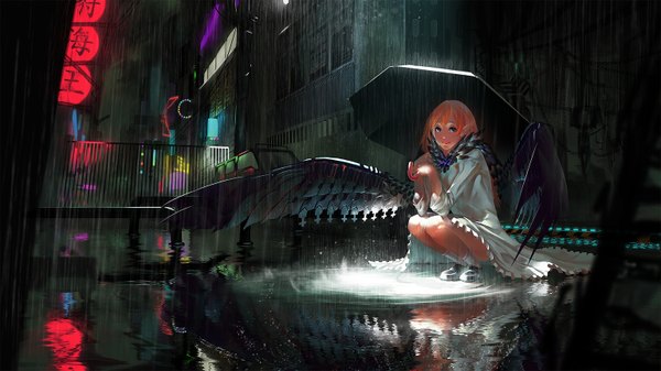 Anime picture 1536x864 with original karasu-san (syh3iua83) single looking at viewer short hair wide image brown eyes orange hair reflection rain mechanical wings girl dress water socks umbrella white socks