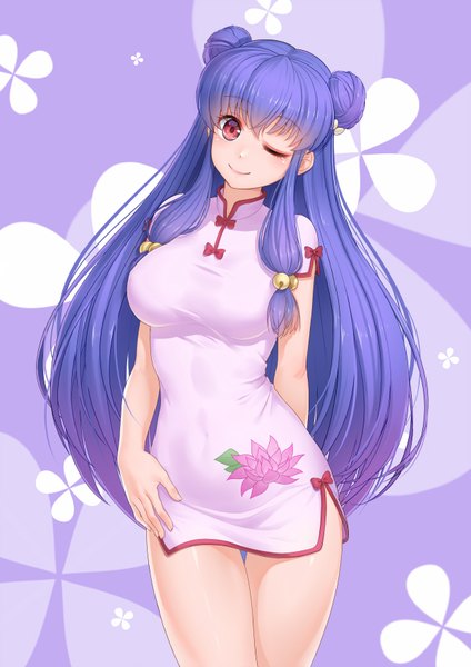 Anime picture 1240x1754 with ranma 1/2 shampoo (ranma 1/2) anarchojs single long hair tall image looking at viewer blush fringe breasts light erotic simple background smile hair between eyes red eyes purple hair traditional clothes one eye closed wink hair bun (hair buns)