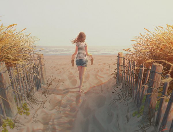 Anime picture 1000x761 with original tamaki (tamaki illust) single long hair brown hair holding sky cloud (clouds) barefoot wind from behind bare legs shadow striped horizon walking revision sand shoes removed girl