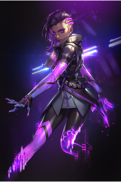Anime picture 1000x1500 with overwatch blizzard entertainment sombra (overwatch) zombeing single tall image looking at viewer short hair black hair standing purple eyes nail polish multicolored hair fingernails realistic mole two-tone hair mole under eye lipstick dark skin