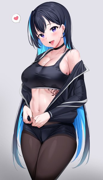 Anime picture 1720x3000 with original tem10 single long hair tall image looking at viewer blush fringe highres breasts open mouth light erotic black hair simple background smile large breasts standing purple eyes cleavage long sleeves