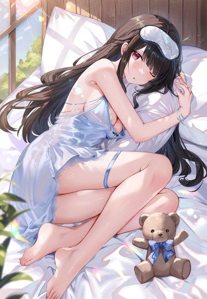 Anime-Bild 3372x4869 mit snowbreak: containment zone yao (snowbreak) shanguier single long hair tall image looking at viewer fringe highres breasts open mouth light erotic black hair red eyes large breasts absurdres full body bent knee (knees) lying blunt bangs