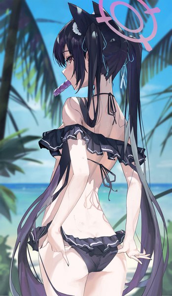 Anime picture 1500x2577 with blue archive serika (blue archive) serika (swimsuit) (blue archive) serie niai single tall image looking at viewer fringe breasts light erotic black hair hair between eyes red eyes standing twintails holding animal ears payot sky cloud (clouds)