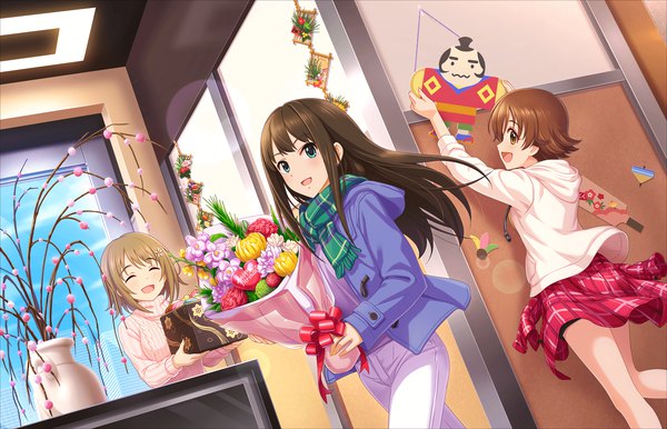 Anime picture 2560x1648 with idolmaster idolmaster cinderella girls shibuya rin honda mio mimura kanako long hair blush highres short hair open mouth smile brown hair multiple girls brown eyes green eyes looking away eyes closed ^ ^ clothes around waist happy new yeah! (idolmaster)