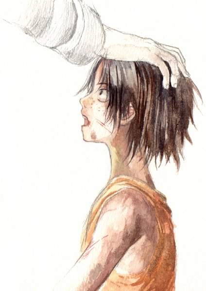 Anime picture 823x1164 with one piece toei animation portgas d. ace chikama (minka) single tall image short hair open mouth black hair simple background white background bare shoulders profile black eyes looking up hand on head traditional media alternate age freckles watercolor (medium)