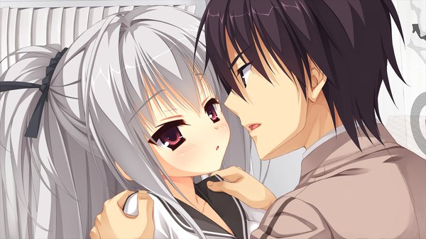 Anime picture 1280x720 with dracu-riot! yuzusoft elena olegovna owen blush short hair black hair red eyes wide image game cg silver hair couple girl boy ribbon (ribbons) hair ribbon