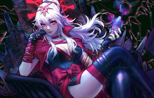 Anime picture 1350x865 with fire emblem fire emblem awakening nintendo tiki (fire emblem) grima (fire emblem) faithom single long hair looking at viewer fringe light erotic hair between eyes red eyes sitting cleavage silver hair ponytail nail polish pointy ears alternate costume