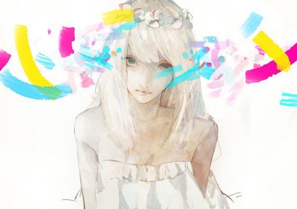 Anime picture 935x661 with original nanakawa (nanasoon) single long hair looking at viewer fringe blue eyes bare shoulders white hair inscription close-up girl dress white dress wreath