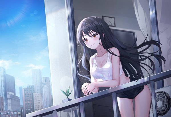 Anime picture 1000x687 with original minari (lmina09) single long hair blush breasts black hair smile large breasts standing bare shoulders brown eyes payot looking away cleavage outdoors wind sunlight midriff leaning