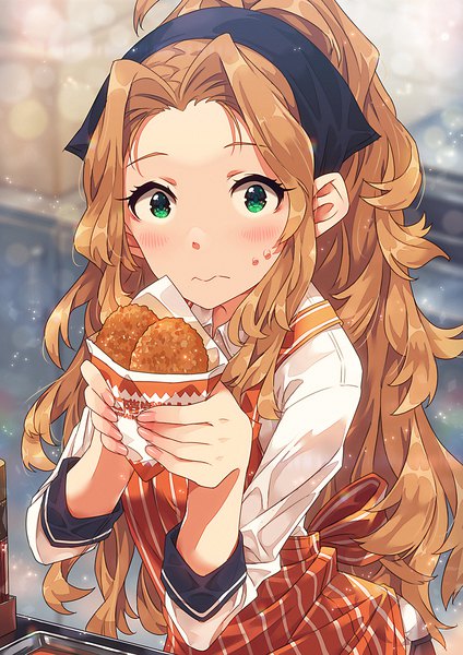 Anime picture 849x1200 with idolmaster idolmaster million live! nikaidou chizuru narumi arata single long hair tall image looking at viewer blush brown hair holding green eyes payot ponytail fingernails from above blurry sweat sweatdrop wavy mouth