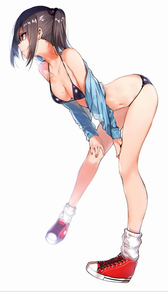 Anime picture 842x1460 with original orihi chihiro single tall image fringe short hair light erotic black hair simple background hair between eyes standing white background payot looking away full body ponytail profile black eyes off shoulder mole