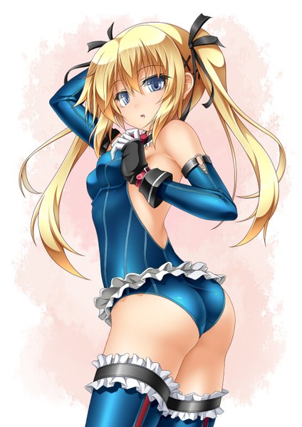 Anime picture 1018x1440 with dead or alive marie rose roura single long hair tall image looking at viewer open mouth blue eyes light erotic blonde hair twintails ass girl gloves ribbon (ribbons) hair ribbon elbow gloves frills