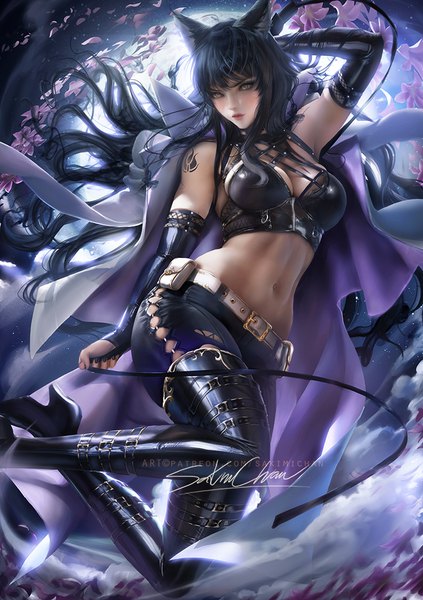 Аниме картинка 705x1000 с красный белый чёрный жёлтый rooster teeth blake belladonna sakimichan один (одна) длинные волосы высокое изображение смотрит на зрителя румянец чёлка грудь лёгкая эротика чёрные волосы подписанный уши животного жёлтые глаза декольте прямая чёлка лак на ногтях поднятая рука