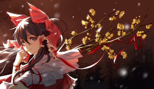Anime picture 1710x1000 with touhou hakurei reimu igneous25 single long hair looking at viewer highres simple background smile brown hair wide image twintails brown eyes wind sunlight brown background girl flower (flowers) bow ribbon (ribbons)