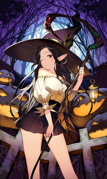 Anime picture 2059x3443 with original kitada mo single long hair tall image looking at viewer blush highres light erotic black hair standing brown eyes outdoors one eye closed pointy ears wink off shoulder halloween bare tree girl