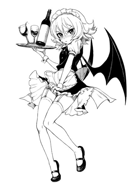 Anime picture 1141x1613 with touhou remilia scarlet fkey single tall image looking at viewer blush fringe short hair light erotic simple background hair between eyes white background full body short sleeves maid alternate costume embarrassed puffy sleeves monochrome