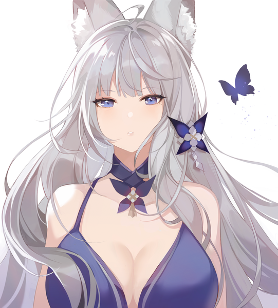 Anime picture 2615x2902 with azur lane shinano (azur lane) shinano (light of the hazy moon) (azur lane) saibe single long hair tall image looking at viewer highres breasts blue eyes light erotic simple background large breasts white background animal ears cleavage silver hair upper body ahoge