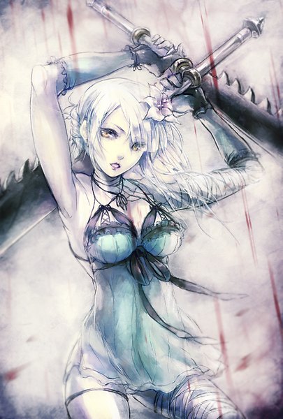 Anime picture 1181x1748 with nier kaine (nier) lira mist single long hair tall image highres breasts open mouth light erotic holding yellow eyes silver hair hair flower lips arms up pale skin dual wielding girl thighhighs