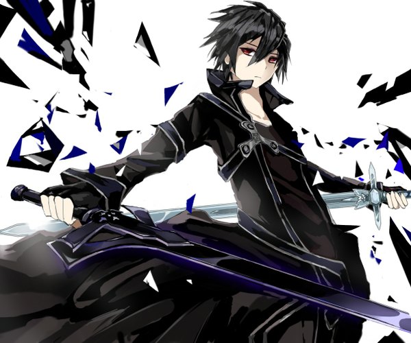 Anime picture 1206x1005 with sword art online a-1 pictures kirigaya kazuto single fringe short hair black hair simple background red eyes white background holding boy gloves weapon sword fingerless gloves