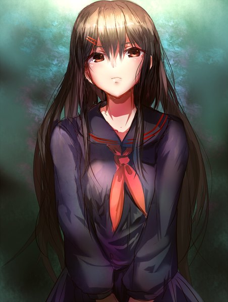 Anime picture 732x971 with original hizagawa rau single long hair tall image fringe brown hair standing brown eyes sunlight girl uniform hair ornament serafuku hairclip