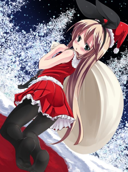 Anime picture 895x1200 with kantai collection shimakaze destroyer noa (nagareboshi) single long hair tall image looking at viewer blush blonde hair looking back grey eyes dutch angle alternate costume no shoes fur trim kneeling snowing winter snow girl