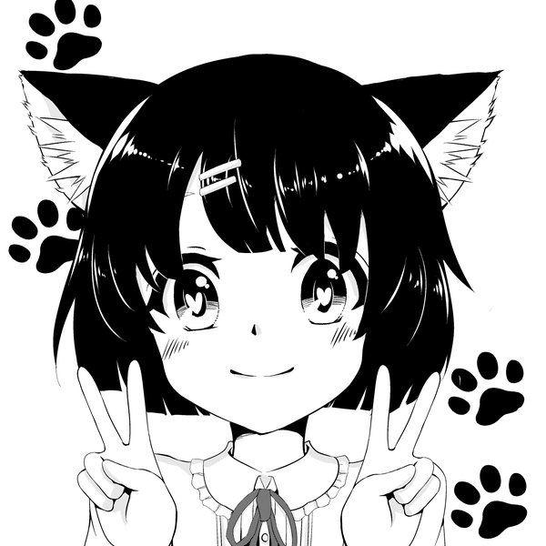 Anime picture 3500x3500 with original suzune kou single looking at viewer highres short hair black hair simple background smile white background animal ears absurdres cat ears symbol-shaped pupils monochrome victory portrait heart-shaped pupils paw print girl