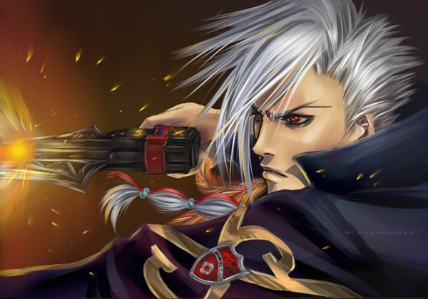 Anime picture 5000x3500 with katekyou hitman reborn superbi ichiro koyasu single highres short hair red eyes signed absurdres silver hair shot boy weapon gun cloak pistol