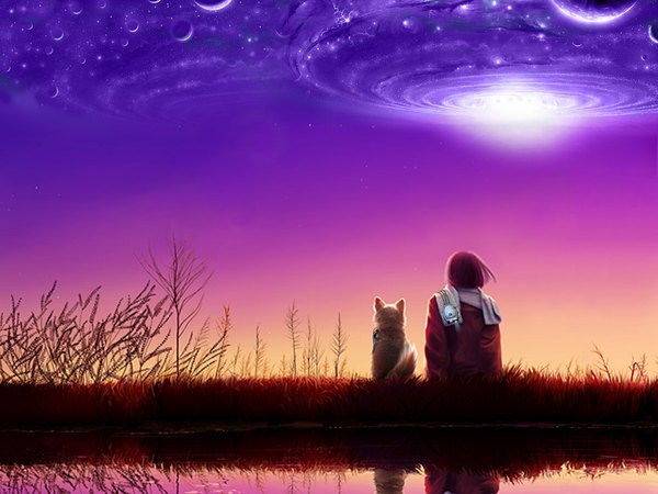 Anime picture 1024x768 with kagaya sky from behind night sky back reflection space river plant (plants) animal water scarf child (children) dog planet galaxy