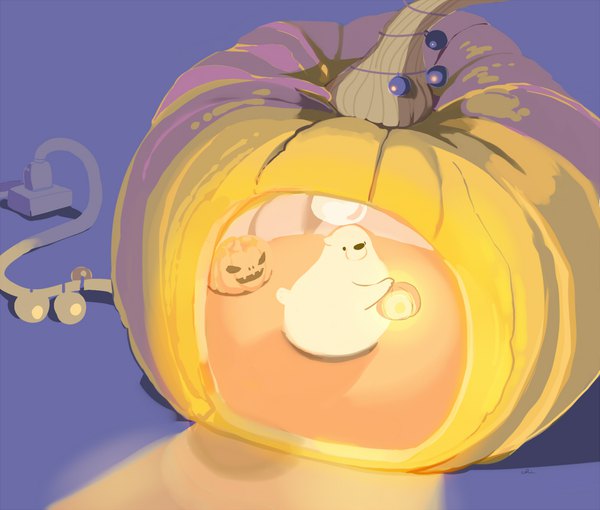 Аниме картинка 1000x850 с оригинальное изображение chai (artist) простой фон в помещении оглядывается хэллоуин без людей фиолетовый фон животное овощи jack-o'-lantern тыква белый медведь