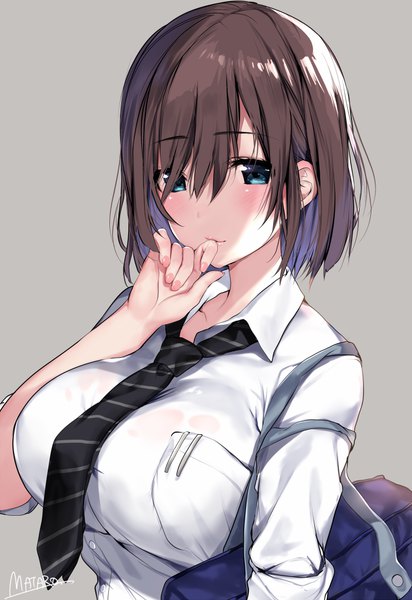 Anime picture 700x1018 with original matarou (genkai toppa) single tall image looking at viewer blush fringe short hair breasts blue eyes light erotic simple background brown hair large breasts signed upper body fingernails hair over one eye grey background hand to mouth