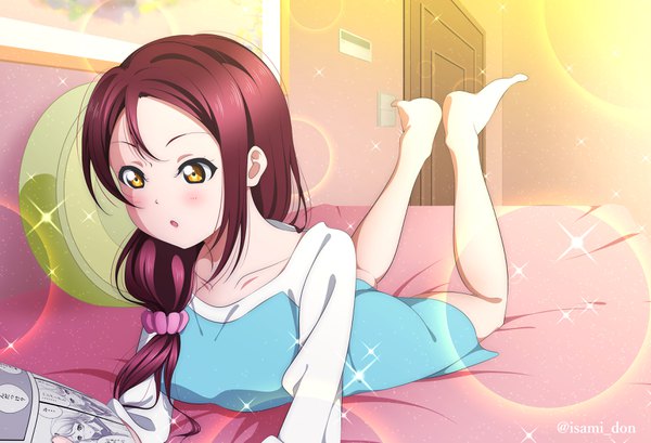 Anime picture 3427x2339 with love live! sunshine!! sunrise (studio) love live! sakurauchi riko isami don single long hair blush fringe highres open mouth hair between eyes holding signed yellow eyes absurdres bent knee (knees) red hair indoors lying