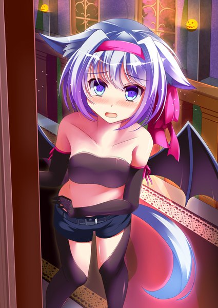 Anime picture 709x1000 with original takataka single tall image looking at viewer blush short hair open mouth blue eyes bare shoulders animal ears blue hair tail animal tail girl thighhighs gloves black thighhighs wings black gloves