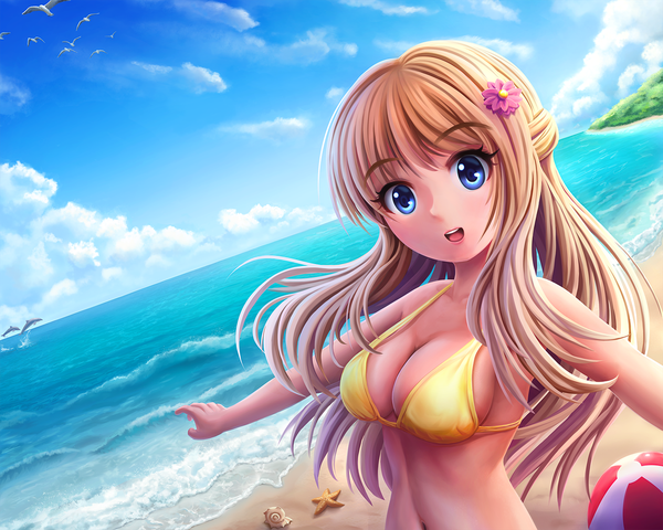 Anime picture 1440x1152 with original solmyr2000 single long hair looking at viewer blush fringe breasts open mouth blue eyes light erotic blonde hair smile large breasts standing bare shoulders payot sky cloud (clouds) upper body