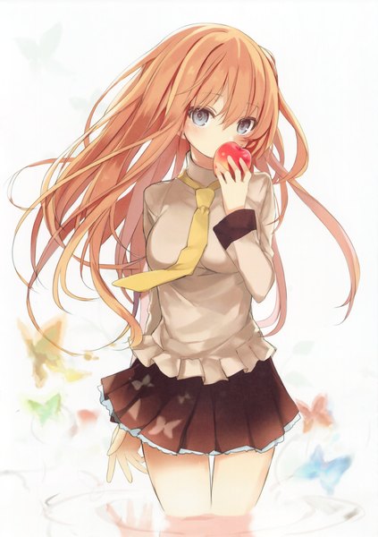 Anime picture 2840x4032 with shino (eefy) single long hair tall image looking at viewer blush highres blue eyes simple background white background pink hair arm behind back girl skirt water necktie insect butterfly fruit apple