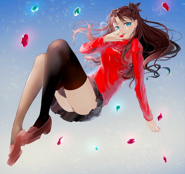 Anime picture 1700x1600 with fate (series) fate/stay night toosaka rin koyo akio single long hair blue eyes light erotic brown hair full body two side up hand to mouth midair girl thighhighs black thighhighs shoes turtleneck loafers gem