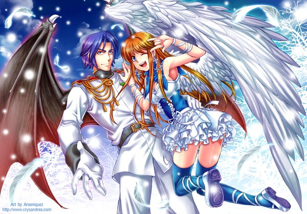 Anime picture 3510x2462 with arseniquez long hair highres short hair open mouth blue eyes blonde hair absurdres purple hair one eye closed wink armpit (armpits) snowing winter snow flying angel wings bat wings girl thighhighs