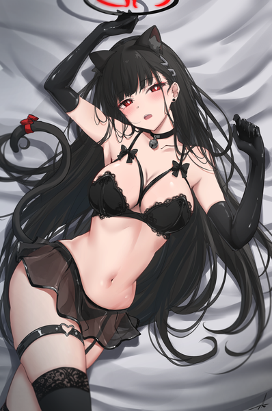 Anime picture 1884x2840 with blue archive rio (blue archive) feint721 single long hair tall image looking at viewer blush fringe highres breasts open mouth light erotic black hair red eyes large breasts signed animal ears tail lying