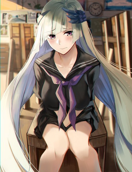Anime picture 1000x1308 with fate (series) fate/grand order brynhildr (fate) nicky w single tall image looking at viewer blush fringe breasts sitting purple eyes silver hair indoors very long hair sunlight bare legs short sleeves depth of field between legs