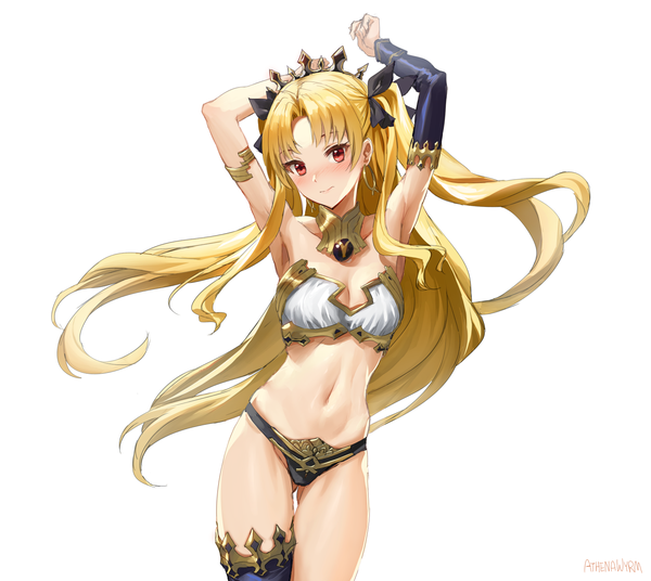 Anime picture 1500x1342 with fate (series) fate/grand order ishtar (fate) ereshkigal (fate) athenawyrm single long hair looking at viewer blush breasts light erotic simple background blonde hair red eyes standing white background bare shoulders signed cleavage arms up
