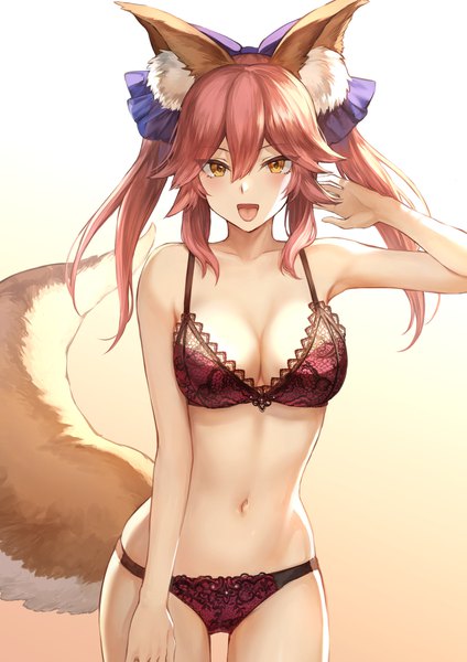 Anime picture 1302x1842 with fate (series) fate/grand order tamamo (fate) (all) tamamo no mae (fate) mashuu (neko no oyashiro) single long hair tall image looking at viewer blush fringe breasts open mouth light erotic simple background smile hair between eyes standing twintails animal ears