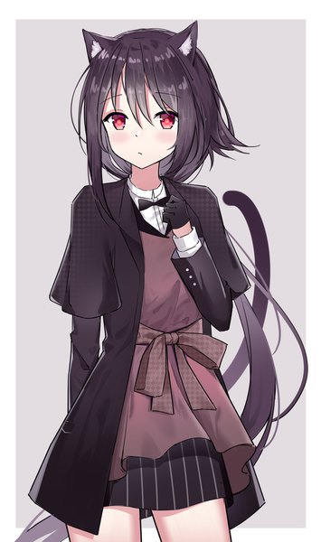 Anime picture 1000x1687 with arknights melantha (arknights) melantha (letters from wessex) (arknights) nagisa (cxcx5235) single long hair tall image blush fringe black hair simple background hair between eyes red eyes animal ears tail animal tail cat ears grey background cat tail official alternate costume
