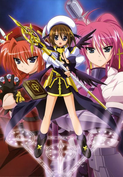 Anime picture 2868x4093 with mahou shoujo lyrical nanoha nyantype yagami hayate signum vita book of the azure sky higa yukari long hair tall image looking at viewer highres short hair blue eyes brown hair multiple girls pink hair red hair scan official art magic