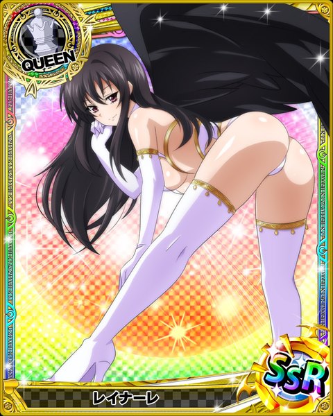 Anime picture 640x800 with highschool dxd raynare (dxd) single long hair tall image breasts light erotic black hair purple eyes looking away ass card (medium) girl gloves wings elbow gloves boots white gloves thigh boots