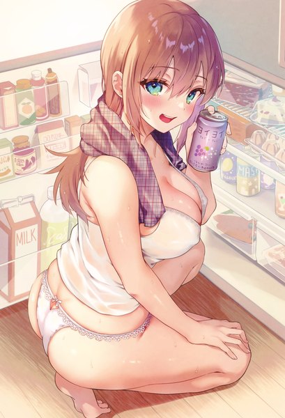 Anime picture 2591x3800 with melonbooks calm mashiro single long hair tall image looking at viewer blush fringe highres breasts open mouth light erotic smile hair between eyes brown hair large breasts bare shoulders holding cleavage full body