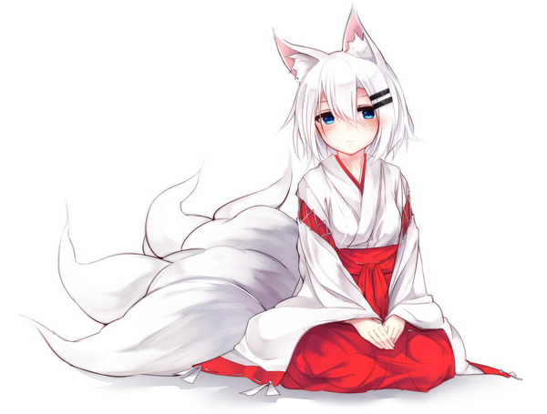 Anime picture 3331x2527 with original ringo-chan (otokuyou) otokuyou single looking at viewer blush fringe highres short hair blue eyes simple background white background sitting animal ears absurdres bent knee (knees) white hair tail long sleeves traditional clothes