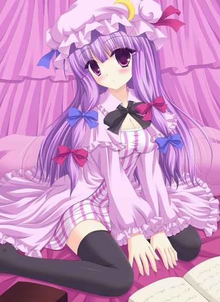 Anime picture 1190x1634 with touhou patchouli knowledge shimotsuki keisuke long hair tall image blush purple eyes purple hair striped crescent girl thighhighs dress bow black thighhighs hair bow bonnet