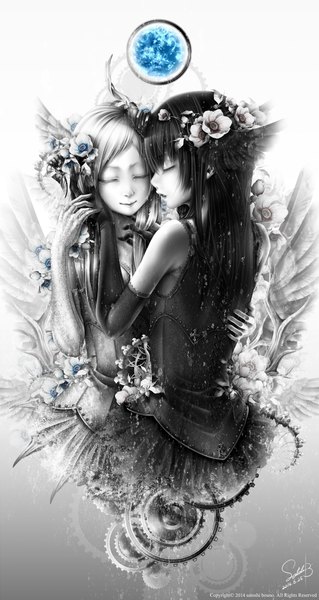 Anime picture 2450x4600 with original bouno satoshi long hair tall image highres black hair bare shoulders multiple girls signed silver hair eyes closed hair flower hug monochrome shoujo ai girl dress gloves hair ornament flower (flowers)